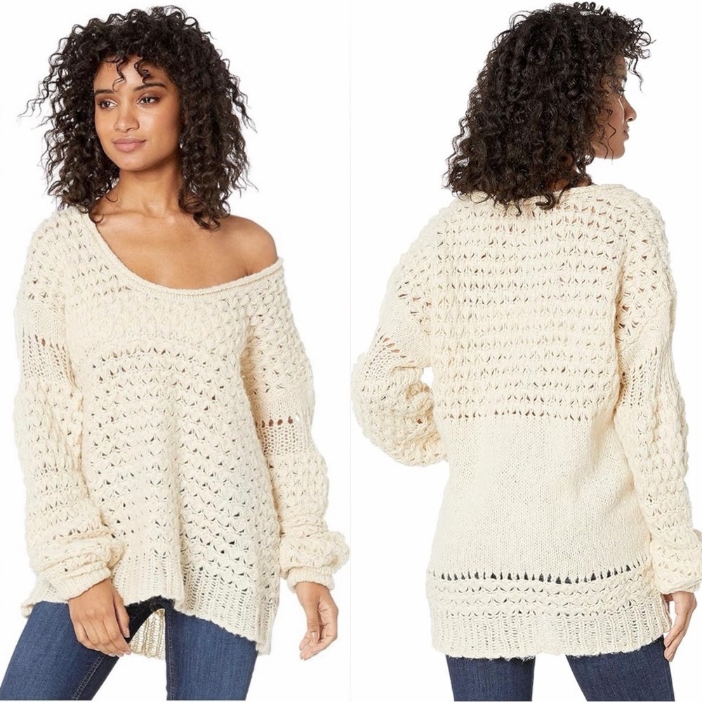 Free People Crashing Waves Wool Blend Pullover Cream Knit Sweater - Picture 7 of 16